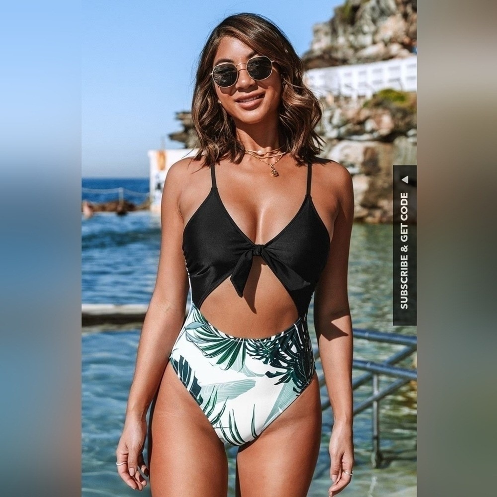 Cupshe Black White One Piece Swimsuit Cutout Front Tie Palm Leaf‎ Print Small